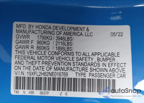 2022 Honda Civic Sport из США, поврежденный, VIN 19XFL2H82NE016769